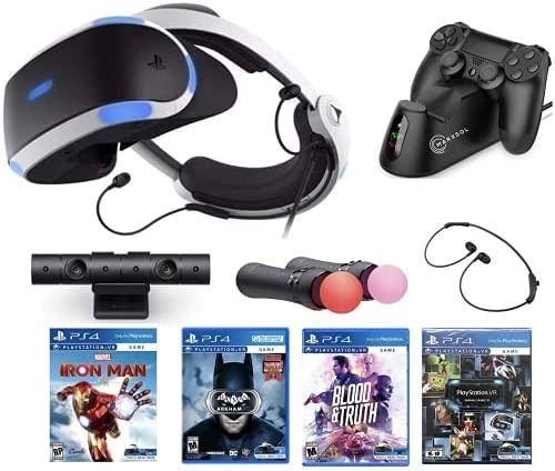 2021 Newest Playstation VR Marvel’s Iron Man VR Bundle: VR Headset, Camera, 2 Move Motion Controllers, Iron Man VR Game for PS4 PS5 + Batman + Blood & Truth + Marxsol PS4 Controller Fast Charging Dock