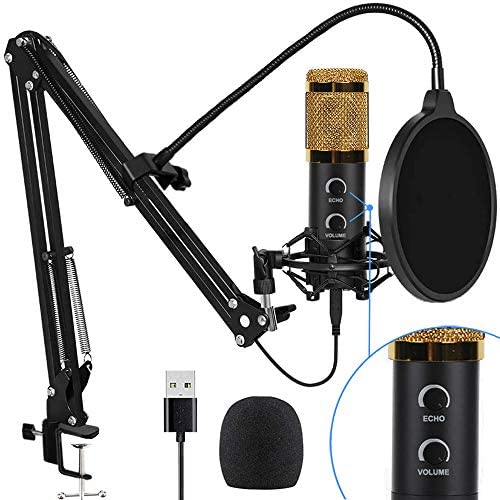 2021 Upgraded USB Condenser Microphone for Computer, Great for Gaming, Podcast, LiveStreaming, YouTube Recording, Karaoke on PC, Plug & Play, with Adjustable Metal Arm Stand, Ideal for Gift, Gold