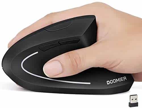 2.4G Wireless Ergonomic Vertical Mouse, DOOMIER Rechargeable Ergonomic Vertical Cordless Optical Mice with USB Receiver, 6 Buttons 3 DPI 1000/1200/1600 for Desktop, Laptop, Chromebook, Black