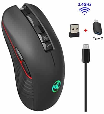 2.4Ghz Wireless Gaming Mouse with USB Receiver and USB C Adapter,Silent Click,7 Colors Backlit,3600DPI,750Mah Rechargeable Battery for MacBook, Computer PC, Laptop