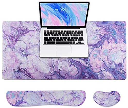 3-in-1Gaming Mouse Pad Set,31.5×15.75 inch Extended Desk Pad with Stitched Edges,Ergonomic Memory Foam Keyboard Wrist Rest & Non-Slip Mouse Wrist Rest for Laptop Office Study Game(Purple)