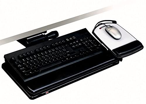3M Keyboard Tray, Just Lift to Adjust Height and Tilt, Adjustable Tray and Mouse Platform Include Gel Wrist Rest and Precise Mouse Pad, Tray Swivels and Stores Under Desk, 23″ Track, Black (AKT150LE)