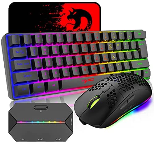 4 in 1 Wireless Gaming Keyboard Mouse and Converter with RGB Backlit Mini 61Key Ergonomic Honeycomb Shell 2.4Ghz USB Receiver Bluetooth Wired Adapter for PS4 PS3 Xbox Switch PC Mac Gamer Typist(Black)