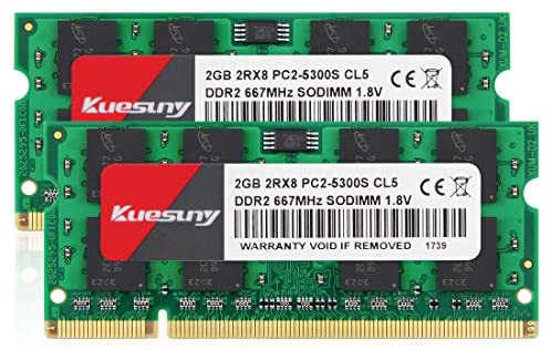 4GB Kit (2GBX2) DDR2 667 sodimm RAM, Kuesuny PC2-5300 / PC2-5300S CL5 200-Pin Non-ECC Unbuffered Notebook Laptop Memory Modules