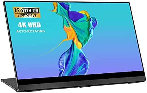 4K Portable Monitor Touchscreen, UPERFECT Gravity Sensor Automatic Rotate 15.6” Slimmest 10-Point Touch UHD 3840×2160 Dual USB C Monitor Bracket Integrated & Frameless Bezel Glass HD Laptop Display