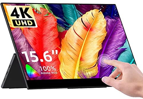 4k Portable Touchscreen Monitor, 15.6″ 100% Adobe 10bit Auto-Rotating UHD Computer Monitor with Dual Speakers, Dual Type-C Mini HDMI, External Monitor for Laptop PC Phone Mac Surface Xbox PS4 Switch