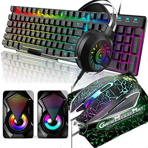 5in1 Gaming Keyboard and Mouse Combo,12W HD Sound Speakers Rainbow LED Backlit Wired Keyboard,2400DPI 6 Button Optical Gaming Mouse,Gaming Headset,Gaming MouseMat for Computer Gaming PS4 (Black)