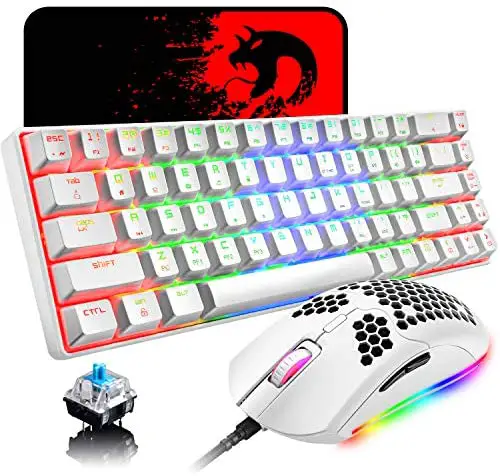 60% Mechanical Gaming Keyboard Blue Switch Mini 68 Keys Wired Type C 18 Backlit Effects,Lightweight RGB 6400DPI Honeycomb Optical Mouse,Gaming Mouse pad for Gamers and Typists (White)