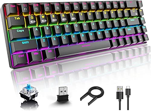 60% Mechanical Gaming Keyboard, Bluetooth / 2.4GHz Wireless USB/Wired Type C 3 Mode Connect, 68 Keys Blue Switch Compact Keyboard,16 Rainbow Mixed Backlit Effect, 3000 mAh Rechargeable Keyboard