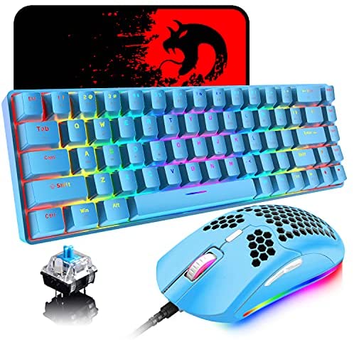 60% Mechanical Gaming Keyboard Mini 68 Keys Wired Type C 18 RGB Backlight Effects,Lightweight RGB 6400DPI Honeycomb Mouse,Large Mouse Pad Compatible with PS4,Xbox,PC,Laptop,MAC (Blue/Blue Switch)