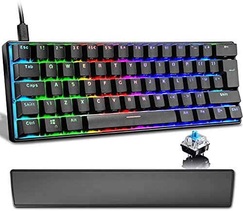 60% Mechanical Gaming Keyboard and Wrist Rest with Rainbow RGB Backlit Full Anti-Ghosting 61 Key Ergonomic Metal Plate Wired Type-C USB Waterproof for Typist Laptop PC Mac Gamer(Black Set/Blue Switch)