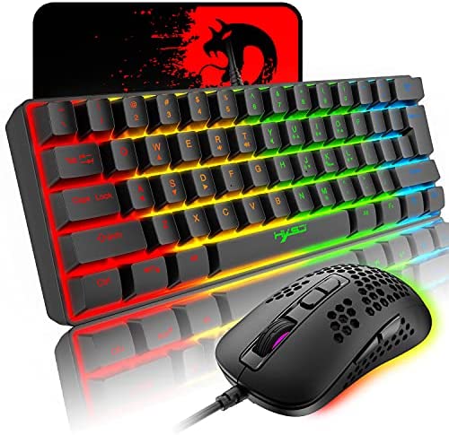 60% Wired Gaming Keyboard and Mouse Combo,RGB Backlit Ultra-Compact Mini 61 Keys Mechanical Feel Keyboard,RGB Backlit 2400 DPI Lightweight Gaming Mouse with Honeycomb Shell for PC/Mac (Black)
