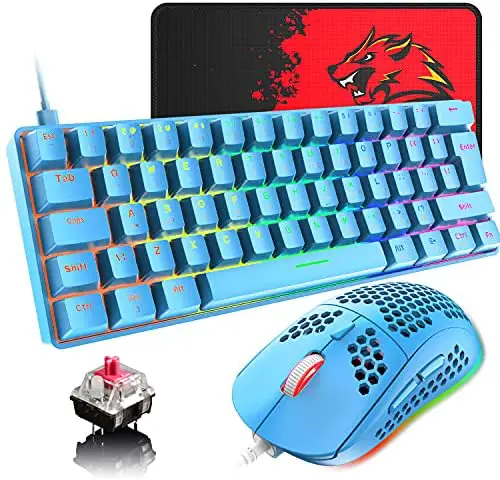 60% Wired Mechanical Gaming Keyboard and Mouse Combo, Ultra-Compact Mini 62 Keys Type C Chroma 20 Rainbow Backlit Effects,RGB Backlit 6400 DPI Lightweight Gaming Mouse with Honeycomb Shell for PC/Mac
