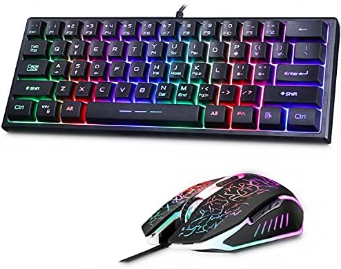 60% Wired RGB Gaming Keyboard and Mouse,Mini Compact 61 Keys Keyboard and Mouse,Led Backlit Gaming Keyboard and Mouse Combo for Laptop PC Computer Gaming and Work,Easy to Carry