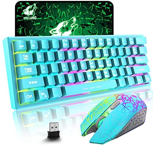 60% Wireless Gaming Keyboard and Mouse Combo with Ergonomic 61 Key Rainbow LED Backlight Anti-ghosting Mechanical Feel Rechargeable 4000mAh Battery RGB Mute Mice for PC MAC Gamer Office Typists(Blue)