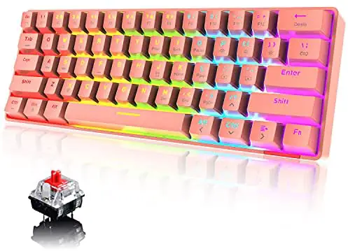 60% Wireless Mechanical Gaming Keyboard with Rainbow RGB Backlight Compact 61 Key Ergonomic Anti-ghosting Bluetooth 5.0 Type-C USB Wired for Typist PC Laptop Mac Gamer (Red/Red Switch)