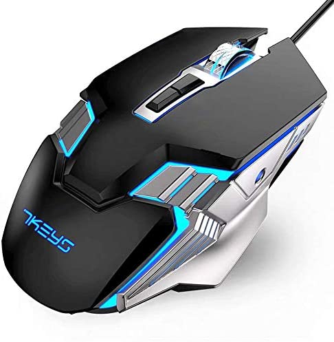7KEYS Gaming Mouse Wired USB Computer Mice Rainbow Breathing Backlit Ergonomic with 7 Buttons Metal,800 to 2400DPI for PC/Mac/Office Gaming