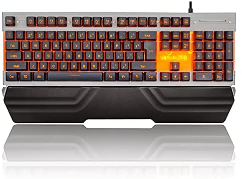 7KEYS K8 Gaming Keyboard USB Wired with Premium Big Wrist Rest, Floating Gaming Keyboard with Orange Led Backlit, Durable Metal Panel, Quiet Mechanical Feeling Keyboard, Ergonomic for PC Desktop