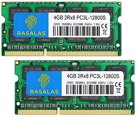 8GB (2X 4GB) PC3L-12800 S DDR3L 1600MHz DDR3 SODIMM 4GB PC3-12800S 2Rx8 1.35V 204Pin CL11 Rasalas Memory RAM kit for Laptop/Notebook/ AIO Computer Upgrade