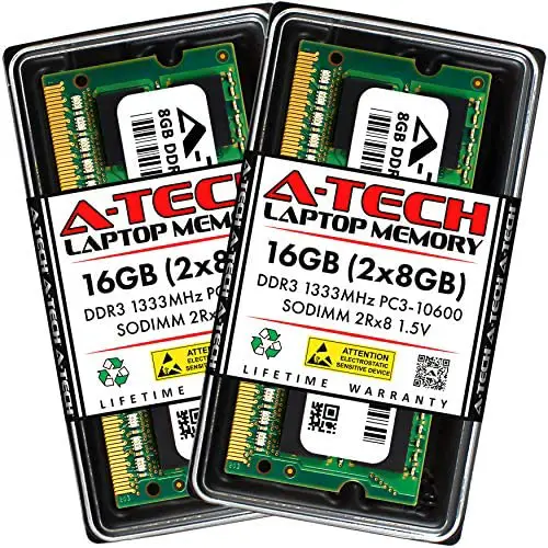 A-Tech 16GB (2x8GB) DDR3 1333MHz SODIMM PC3-10600 2Rx8 Dual Rank 204-Pin CL9 1.5V Non-ECC Unbuffered Notebook Laptop RAM Memory Upgrade Kit