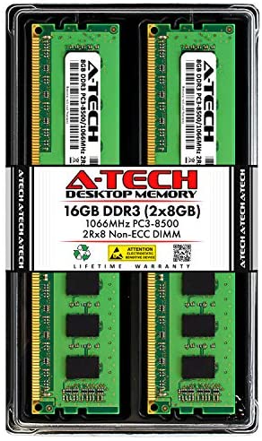 A-Tech 16GB DDR3 1066MHz Desktop Memory Kit (2 x 8GB) PC3-8500 Non-ECC Unbuffered DIMM 240-Pin 2Rx8 1.5V Dual Rank Computer RAM Upgrade Sticks
