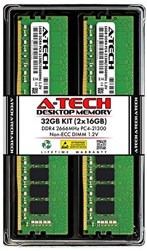 A-Tech 32GB (2x16GB) DDR4 2666MHz DIMM PC4-21300 UDIMM Non-ECC CL19 1.2V 288-Pin Desktop Computer RAM Memory Upgrade Kit