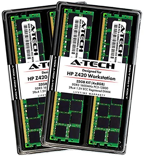 A-Tech 32GB ECC Registered Memory Kit for HP Z420 Workstation (4 x 8GB) ECC RDIMM DDR3 PC3-12800 1600MHz 240-Pin DIMM 2Rx4 1.5V Dual Rank RAM Upgrade