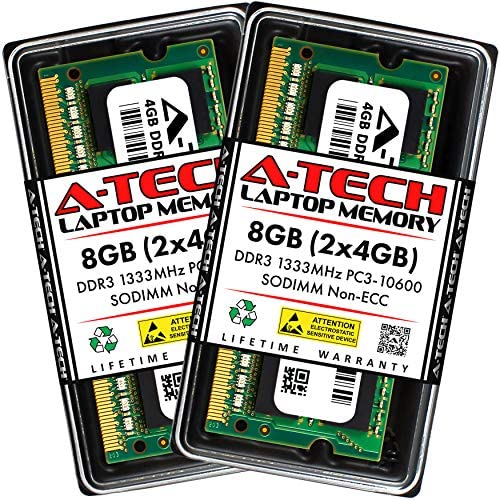 A-Tech 8GB (2x4GB) DDR3 1333MHz SODIMM PC3-10600 204-Pin CL9 Non-ECC Unbuffered Notebook Laptop RAM Memory Upgrade Kit