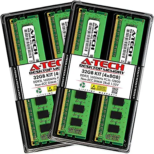 A-Tech RAM 32GB (4x8GB) DDR3 / DDR3L 1600 MHz DIMM PC3L-12800 / PC3-12800 (PC3L-12800U) CL11 2Rx8 1.35V Non-ECC UDIMM 240 Pin – Desktop PC Computer Memory Upgrade Kit