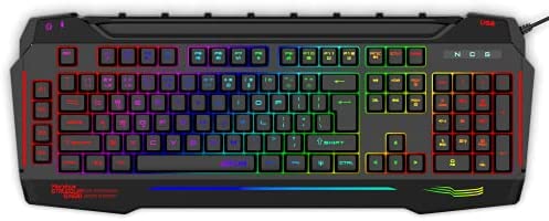 AIKUN Full Size Membrane Gaming Keyboard With 4 Macro Gaming keys,Voice Sensitive Rainbow Backlit,26 Anti-Ghosting Keys,Audio and USB Passthrough,Spill Resistant, Mobile Device Slot,Multimedia Control