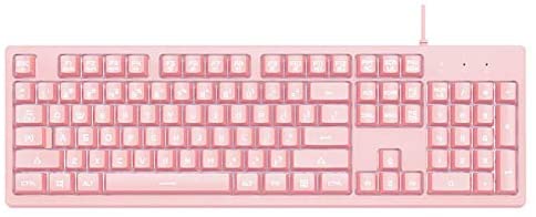 AJAZZ DKS100 Computer Keyboard, White Backlit Mechanical Feeling Membrane Gaming Keyboard, Wired 104 Keys for Gaming Office and Typing, Pink