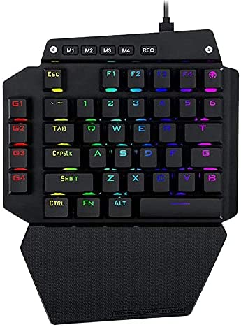 ALISALQ One Hand RGB Gaming Keyboard,USB Wired Rainbow Letters Glow Single Hand Keypad, with Wrist Rest Support Multimedia Keys, Backlit Ergonomic Mechanical Feeling for Gam