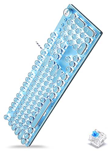 ALKEM Mechanical Gaming Keyboard with 26 Modes White Backlights Blue Switch Keyboard Retro Typewriter Style 104 Keys Full-Size Mechanical Keyboard with Alloy Panel for Girls (Blue)