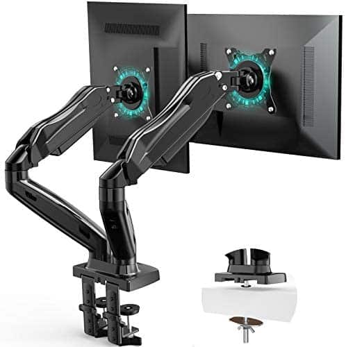 AM alphamount Dual Monitor Mount Stand, Monitor Arms for 2 Monitors, Height Adjustable/Tilt/Swivel/Rotation Gas Spring Monitor Arm for Screen up to 27 Inch, Vesa Mount With Clamp Grommet Mounting Base