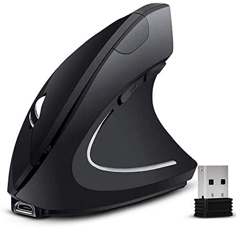 ASOI Wireless Ergonomic Mouse, Rechargeable 2.4G USB Wireless Optical Vertical Ergonomic Mice, 1000/1200 /1600 DPI, for Laptop, Desktop, PC, Computer, Notebook – Black