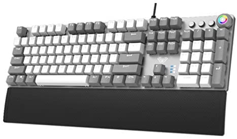 AULA F2088 Grey Mechanical Keyboard Wired with Wrist Rest, Media Knob, PBT Keycaps, White LED Backlit, 104 Keys Programmable Ergonomic Gaming Keyboards for PC MAC Desktop Computer Gamer (Black Switch)