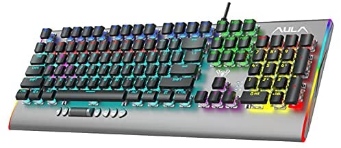 AULA F2099 Low Profile Mechanical Keyboard, with Volume Backlight Control Knob, RGB Backlit, Slim Floating Keycaps 104 Keys Programmable Ergonomic PC Mac Gaming Keyboards for Work/Games (Blue Switch)