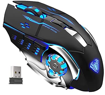AULA SC100 Rechargeable Gaming Mouse Wireless, with Side Buttons, LED Backlight, USB Receiver, Ergonomic Optical Metal 2.4G Cordless Mice for PC/MAC Laptop, Tablet, Desktop Computer Games/Work (Black)