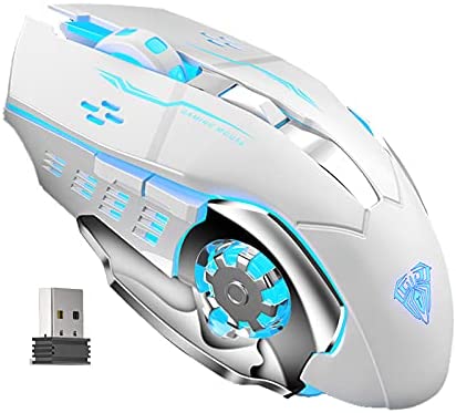 AULA SC100 White Wireless Mouse Rechargeable, with Programmable Side Buttons, LED Lights, 2.4G USB Receiver, DPI Adjustable Ergonomic Optical Cordless Metal PC Gaming Mice for Desktop Computer (White)