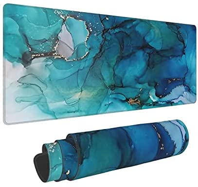 Abstract Extended Gaming Mouse Pad 31.5×11.8 Inch XL Non-Slip Rubber Base Large Mousepad with Stitched Edges Waterproof Keyboard Mouse Mat Desk Pad for Work, Game, Office, Home-Teal Blue Marble