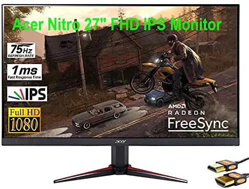 Acer Premium Nitro 27″ 1080P Gaming/Office/Home Monitor: Ultra Narrow Edge, Anti-Glare FHD IPS 16:9 Display, 75Hz Refresh Rate, 1ms Response Time, AMD Free Sync, Tilt Capable + HDMI Cable