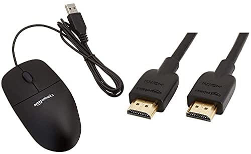AmazonBasics 3-Button USB Wired Computer Mouse (Black), 1-Pack Bundle with AmazonBasics High-Speed 4K HDMI Cable – 6 Feet