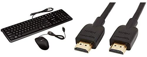 AmazonBasics USB Wired Computer Keyboard and Wired Mouse Bundle Pack Bundle with AmazonBasics High-Speed 4K HDMI Cable – 6 Feet