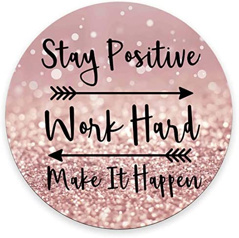 Amcove Round Gaming Mouse Pad Custom, Stay Positive Work Hard and Make It Happen Inspirational Quotes Round Mouse pad Art Rose Gold and Silver Glitter Black Quote 7.9 x 7.9 x 0.12 Inch