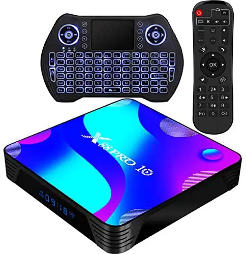 Android TV Box 11.0, Smart TV Box RK3318 2GB 16GB Support 2.4G 5.8G WiFi Bluetooth 4.1 with Mini Backlit Keyboard Ethernet LAN 3D 4K Video Android TV Player Google Mini PC Set Top TV Box