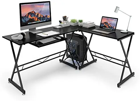 Azmkoo L Shaped Computer Desk for Home Office, 59.1” Reversible Computer Office Gaming Corner Desk Table with Keyboard Tray, Space-Saving, Easy to Assemble, Black