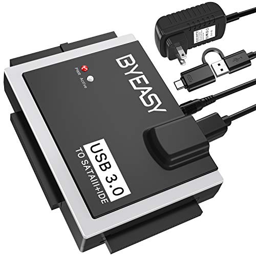 BYEASY SATA/IDE to USB 3.0 Adapter, USB-A and USB-C Plugs Hard Drive Adapter for Universal 2.5″/3.5″ Inch IDE and SATA External HDD/SSD with 12V 2A Adapter, Support 12TB for Windows and Mac OS HD02