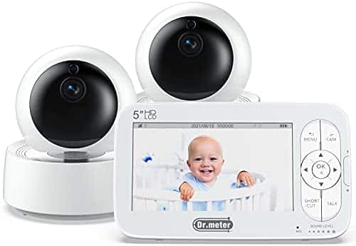 Baby Monitor with 2 Cameras, 5” Large Display Video Baby Monitor with Camera and Audio, 720p HD, Night Vision, Remote Pan-Tilt-Zoom, Room Temperature, Two-Way Talk, 1000ft Range, Lullabies, No WiFi