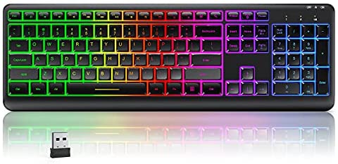 Backlit Wireless Keyboard, seenda 2.4G Rechargeable Wireless Illuminated Keyboard, Full Size Ergonomic RGB Backlit Gaming Keyboard with Foldable Stand for Computer/Desktop/PC/Laptop/Office