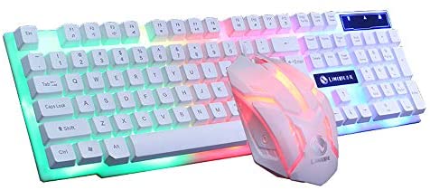 Baishitop GT300 Colorful LED Illuminated Backlit USB Wired PC Rainbow Gaming Keyboard Mouse Set White (H)